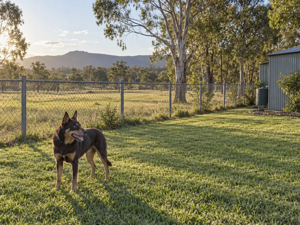 A galvanised chain mesh fence on round steel posts runs along the back boundary of a semi-rural Hunter Valley block. An open paddock and a stand of eucalypts are clearly visible through the mesh. A kelpie stands in the mown yard on the near side, and a corrugated-iron shed sits in the corner. The scene is in late-afternoon spring light.