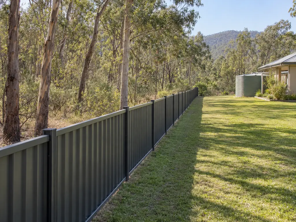 A steel boundary fence on a rural-residential Hunter block where the yard meets dry eucalypt bushland in early summer. A strip of short mown grass runs along the fence. There is no leaf litter, woodpile or garden mulch against it, and a water tank stands well back in the yard.