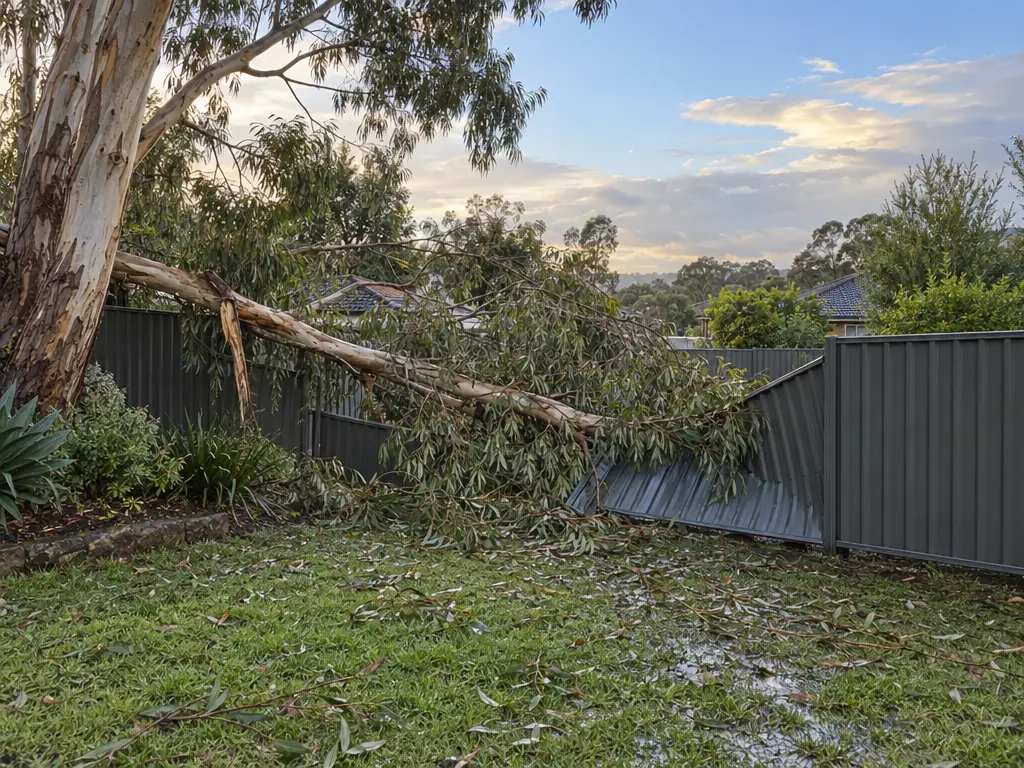 A fallen gum branch lies across a flattened section of grey steel boundary fence on a wet, leaf-strewn lawn.