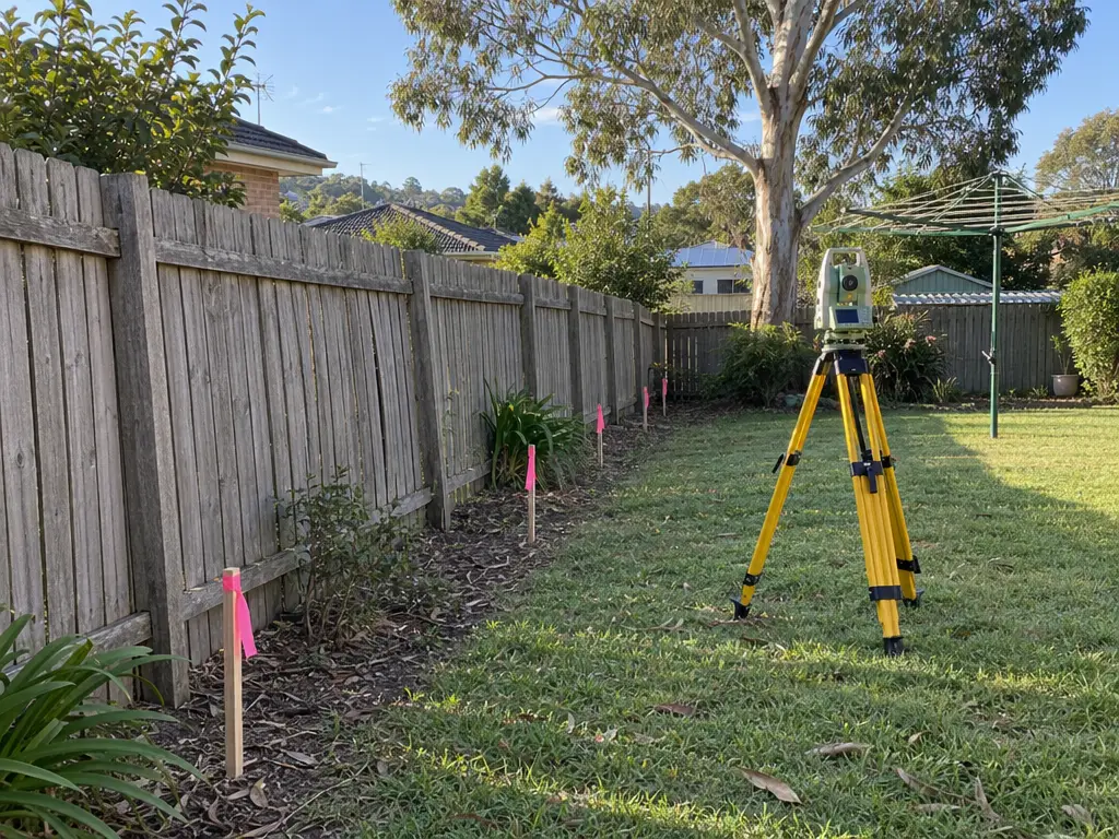 Timber paling fence with pink-flagged survey pegs and a surveying instrument on a yellow tripod in a backyard.