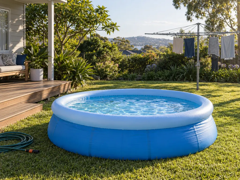 A filled round blue inflatable pool on a backyard lawn beside a low timber deck, with a coiled garden hose in front and towels drying on a rotary clothesline behind