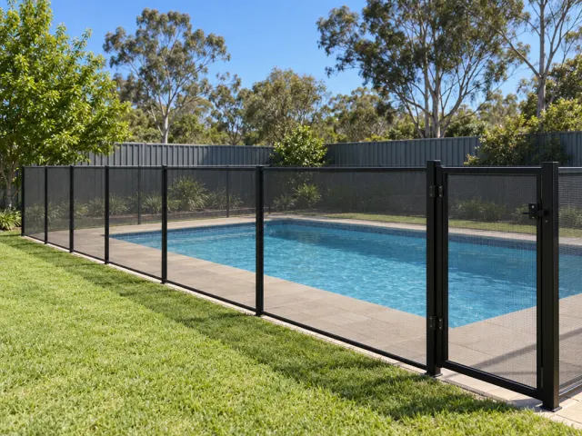 Black mesh pool fence and gate around an in-ground pool, with a grey boundary fence and gum trees behind